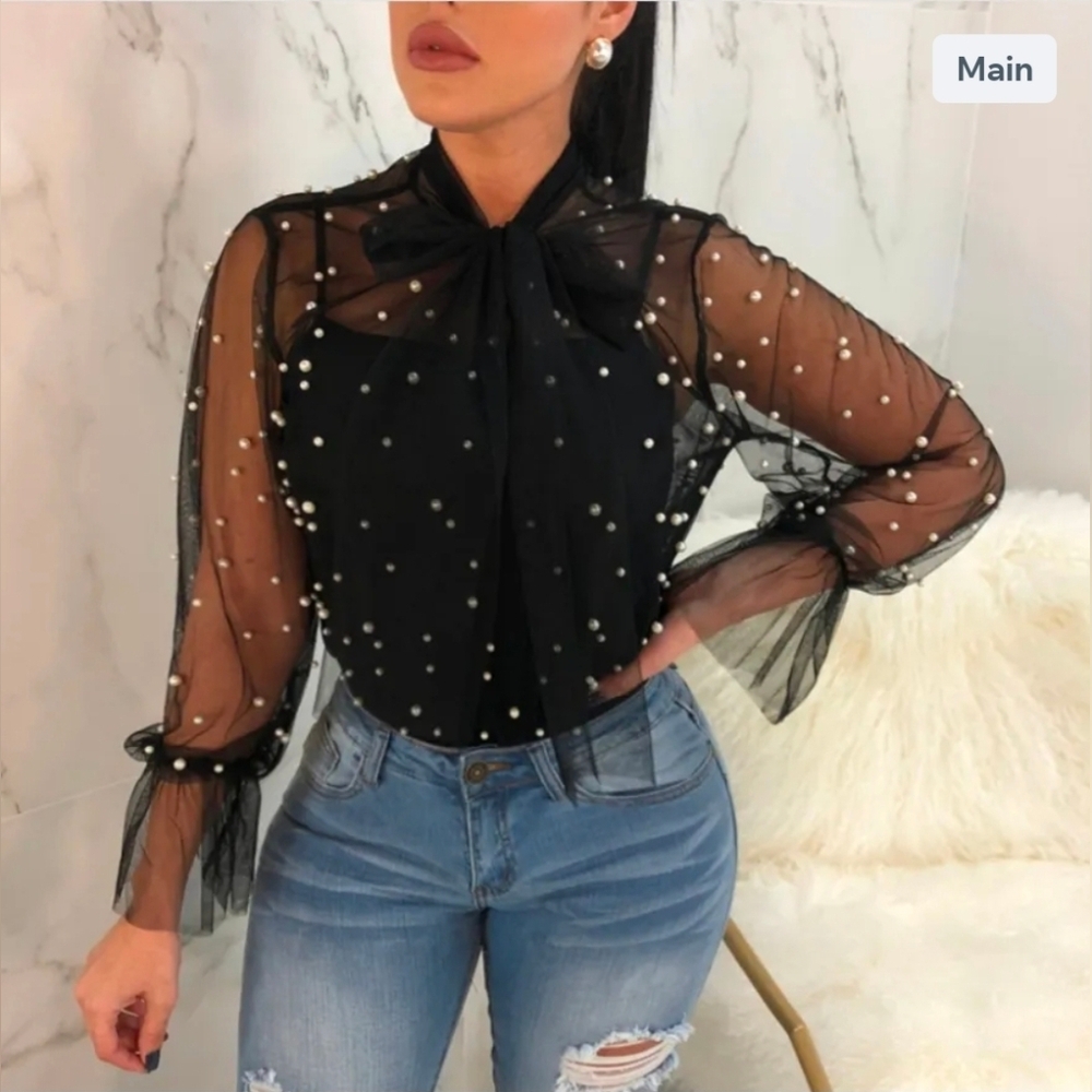 Elegant Black Sheer Pearl-Embellished Blouse
